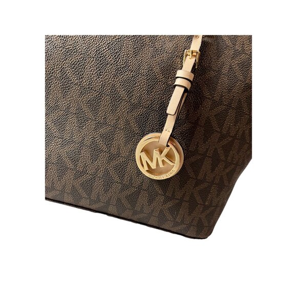 Michael Kors Purse Jet Set Signature Large Zip Up Tote Bag MK Monogram Brown Tan - Picture 11 of 12